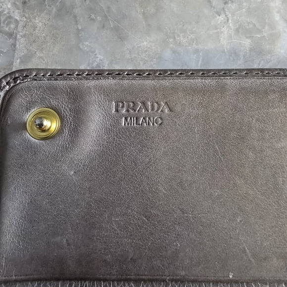 Prada Authentic Calf Skin Leather Ribbon Gray Brown Taupe Wallet - Picture 5 of 12